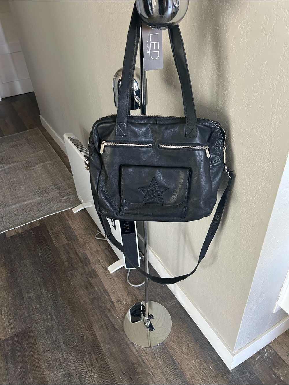 Black Star-Accent Leather Satchel with Adjustable Strap